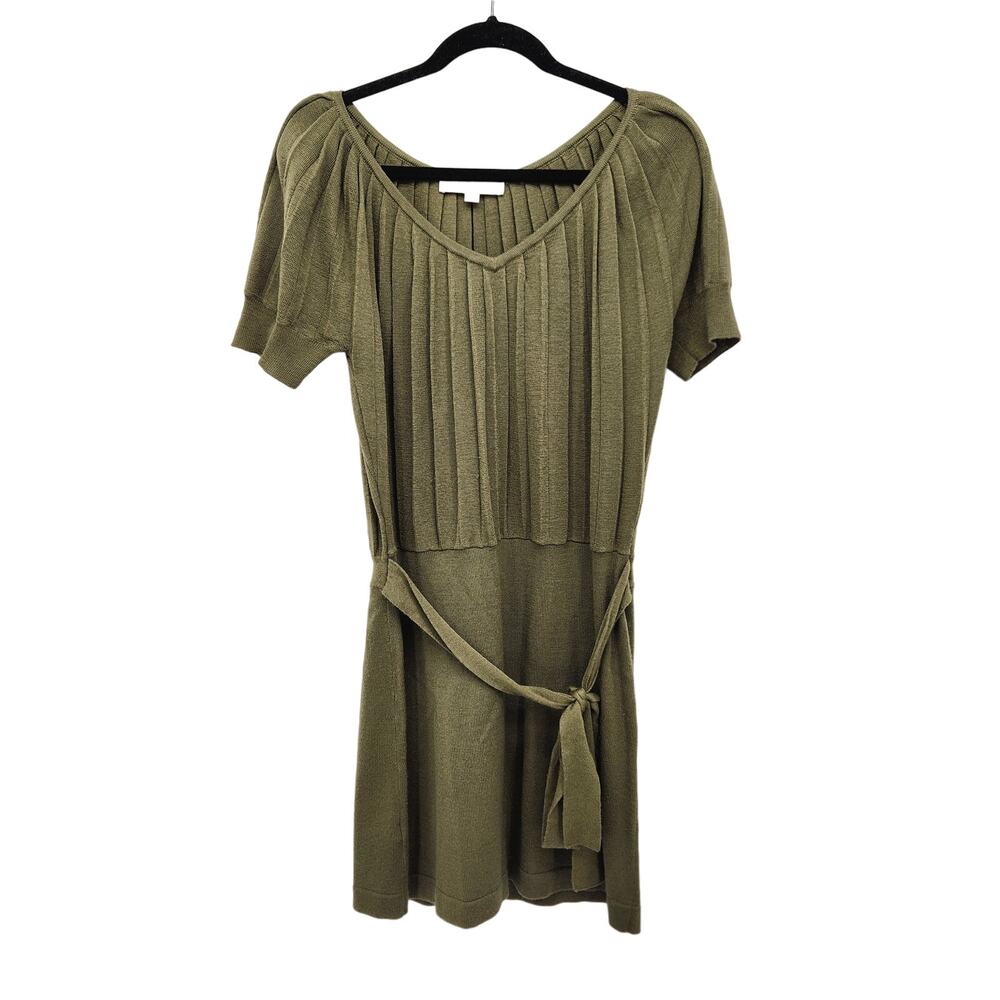 Ann Taylor Loft Merino Wool Olive Green Knit Sweater Pleated Mini Dress Women S